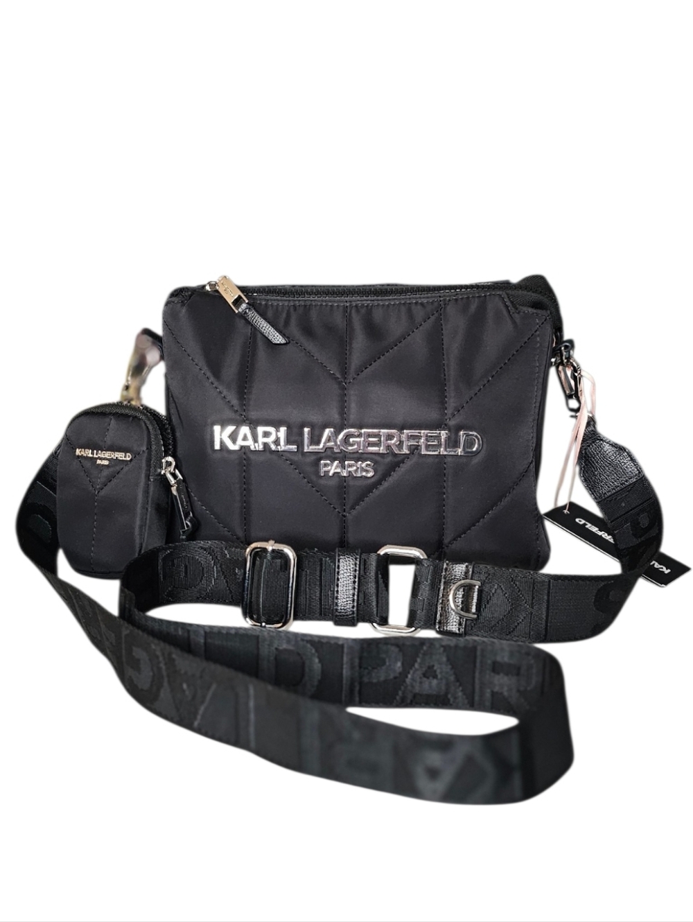 Karl Lagerfeld Black Quilted Nylon 3 Compartment Crossbody w Pouch and Dust Bag